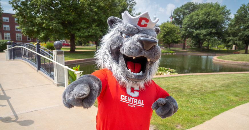 Central College's mascot, Big Red, posing for the camera.